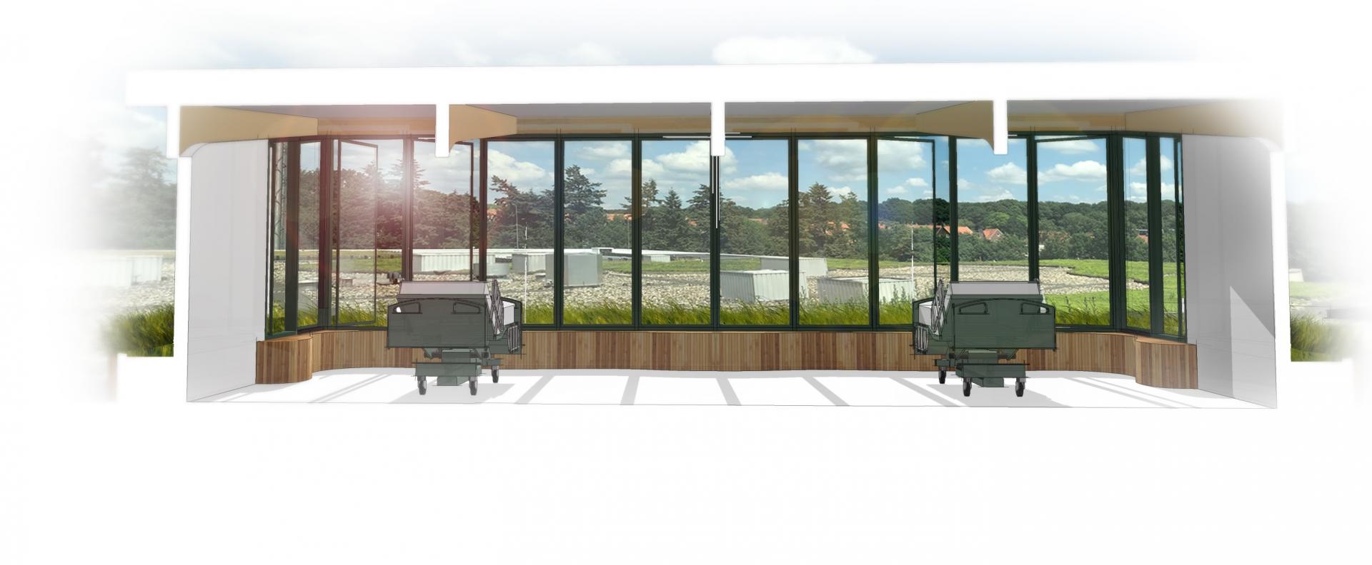 Huiskamer en dakterras Intensive Care Rijnstate 03 Artist impression doorsnede dakterras bijgesneden2